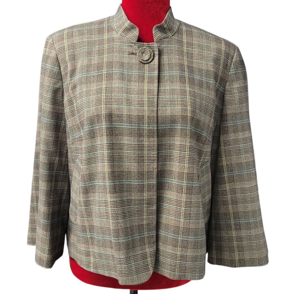 Vintage Tapemesure Brown Plaid Single Button Lined‎ Jacket Collarless Sz 12 G295